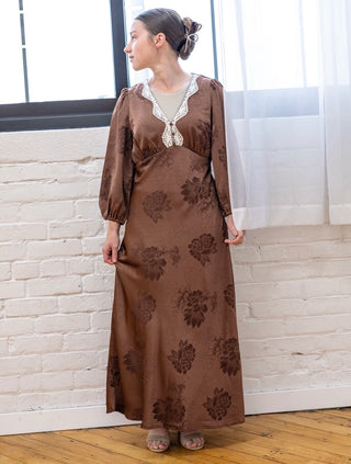 Fall is Here Brown Satin Floral Dress with Lace Trim