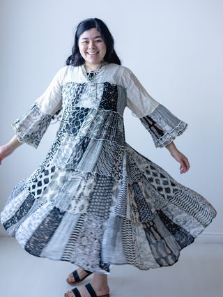 Boho Black and Cream Lace Patchwork Midi Dress