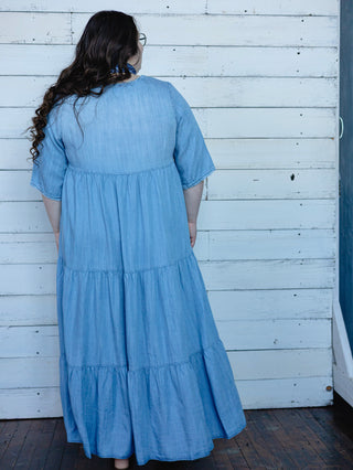 Washed Denim Tiered Fringe Dress