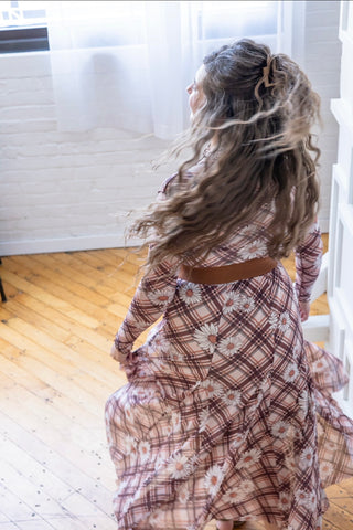 Flowering Daisey's Pink and Brown Plaid Maxi Skirt