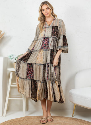 Boho Latte and floral Lace Patchwork Midi Dress