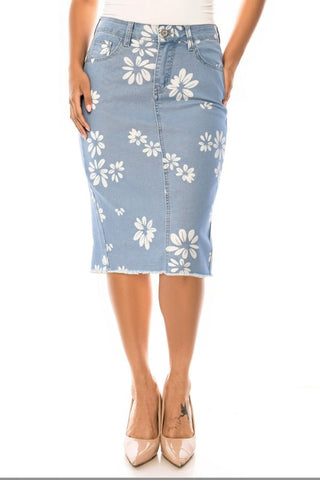 Daisy Print Denim Midi Skirt