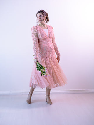 Pretty in Pink Vintage Lace Appliqué and Tulle Midi Dress