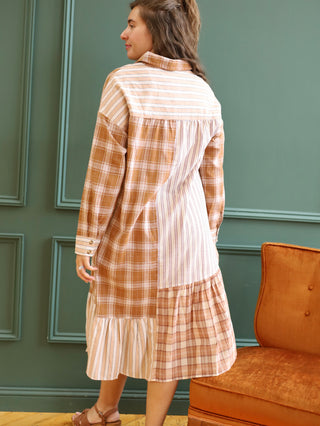 Brown Plaid Patchwork Midi Dress