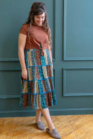 Teal and Brown Patchwork Midi Skirt