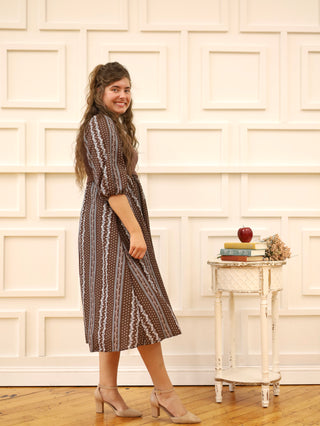 The Charming Brown Floral Striped Sweater Dress