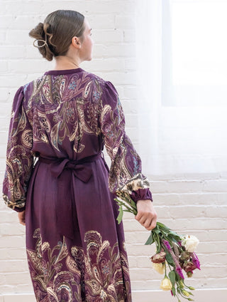 Paisley Plum Midi Dress with Belt