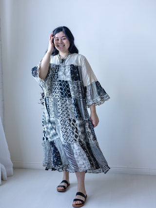 Boho Black and Cream Lace Patchwork Midi Dress