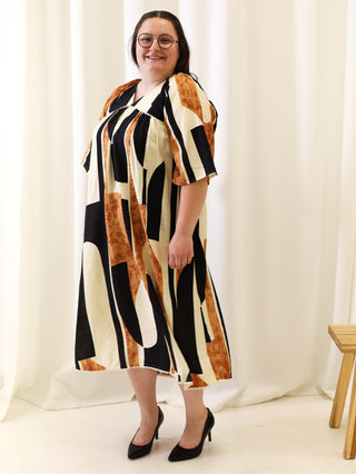 Calico Black and Brown Abstract Midi Dress