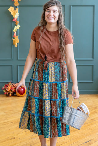 Teal and Brown Patchwork Midi Skirt