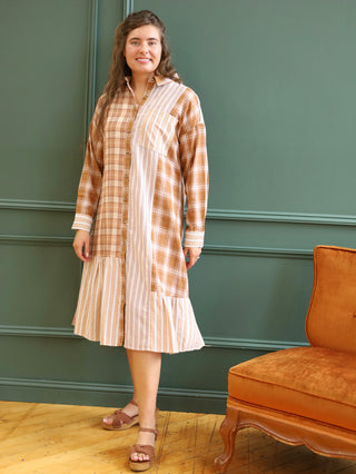 Brown Plaid Patchwork Midi Dress