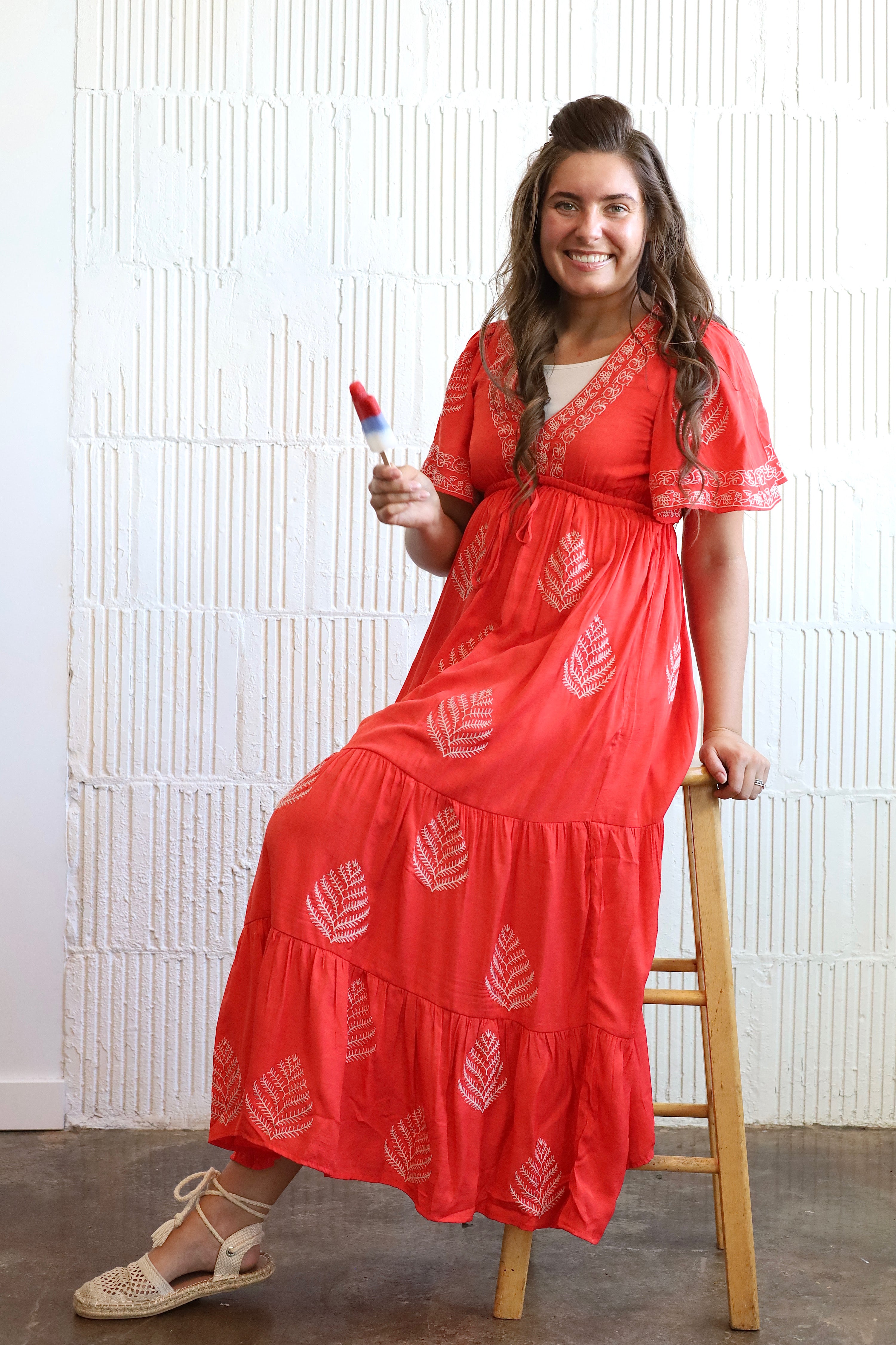 strawberry maxi dress The Strawberry Dreams Strapless Tiered Maxi Dress Small / Coral