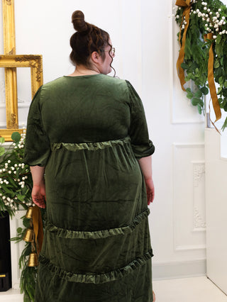 Balsam Green Velvet Ruffle Maxi Dress