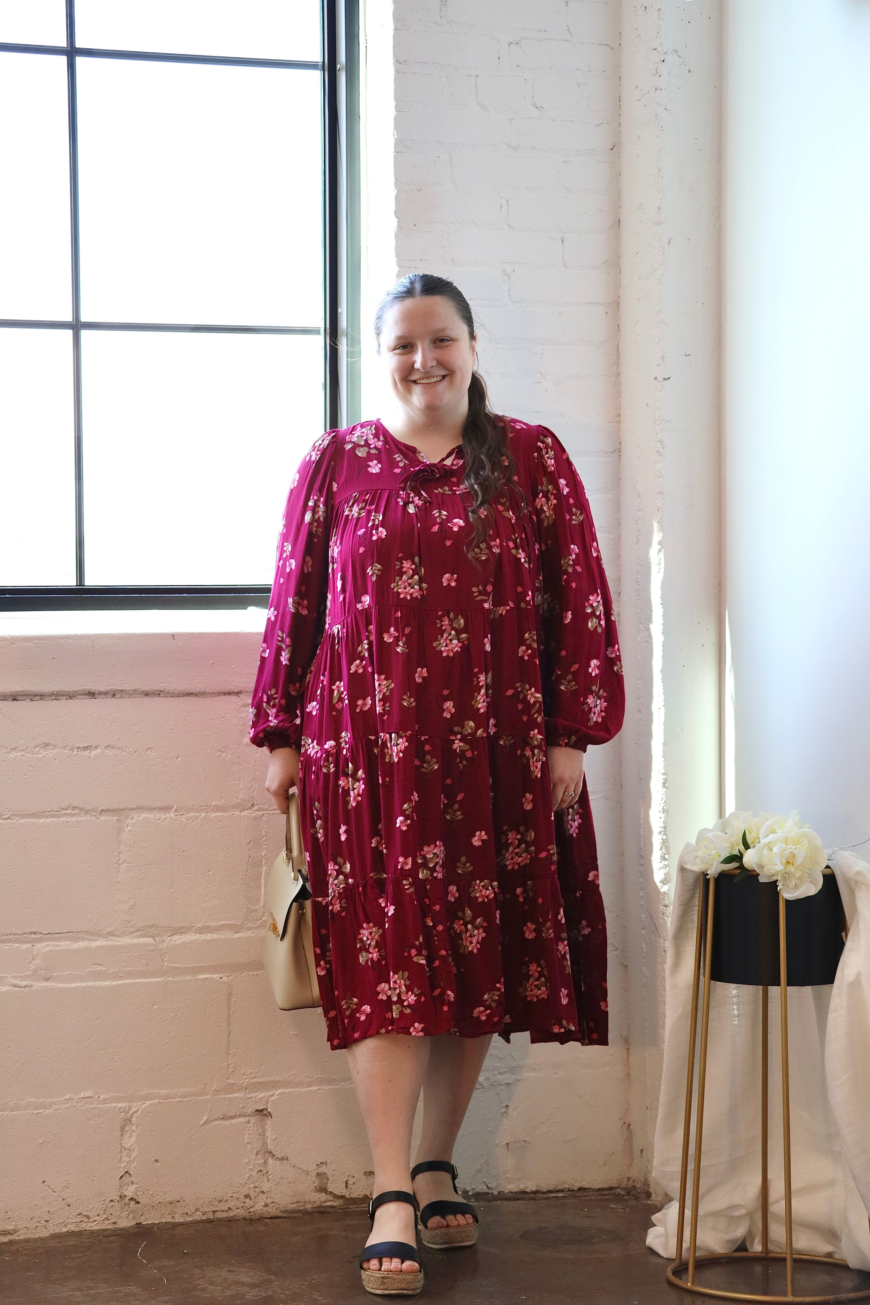 Burgundy Floral Tiered Midi Dress Burgundy Floral Tiered Midi Dress