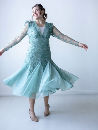Sage Vintage Lace Appliqué and Tulle Midi Dress