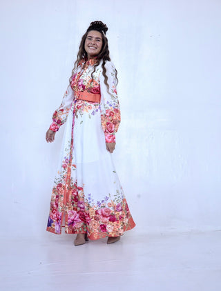 Floral and White Collar Dress with Belt