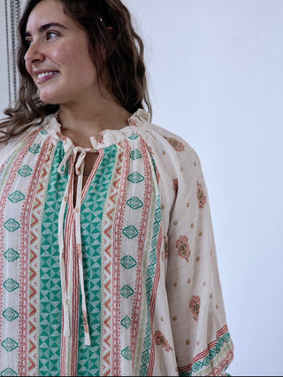 Beige and Teal Paisley Midi Dress