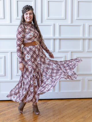 Flowering Daisey's Pink and Brown Plaid Maxi Skirt