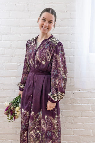 Paisley Plum Midi Dress with Belt