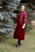 Load image into Gallery viewer, Burgundy Velvet Midi Dress with Organza Plaid Sleeves
