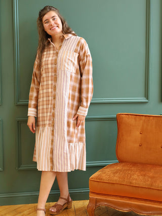 Brown Plaid Patchwork Midi Dress