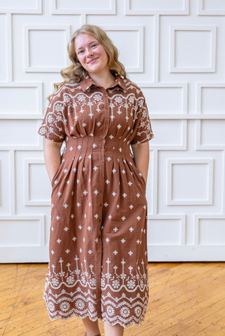 Mocha Embroidered Pleated Midi Dress