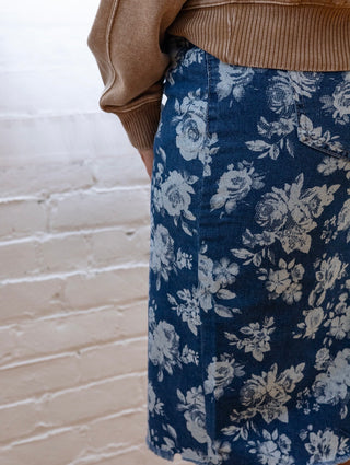 Rose Print Denim Midi Skirt