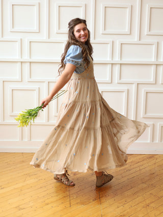 Khaki Floral Embroidered Overall Dress