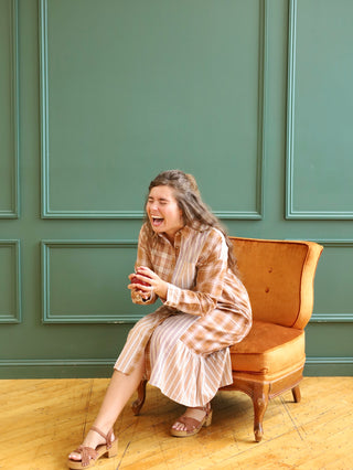 Brown Plaid Patchwork Midi Dress