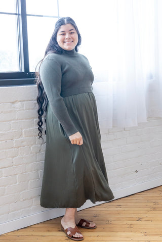 Olive Satin Sweater Top Dress