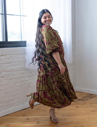 Burgundy and Olive Satin Maxi Dress