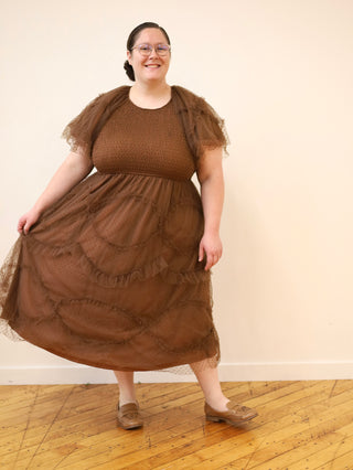 Dark Brown Swiss Dot Tulle Midi Dress