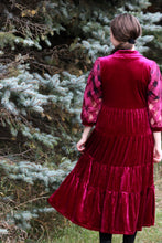 Load image into Gallery viewer, Burgundy Velvet Midi Dress with Organza Plaid Sleeves
