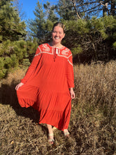 Load image into Gallery viewer, Pumpkin Spice Rust Embroidered Tiered Maxi Dress
