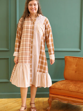 Brown Plaid Patchwork Midi Dress