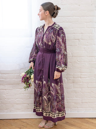 Paisley Plum Midi Dress with Belt