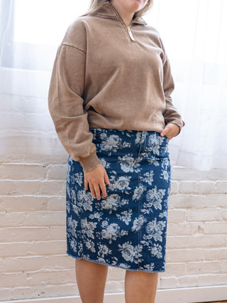 Rose Print Denim Midi Skirt