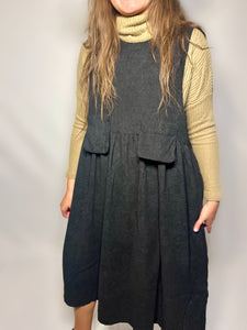 Black Corduroy Jumper Dress with Pockets