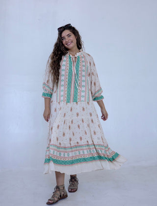 Beige and Teal Paisley Midi Dress