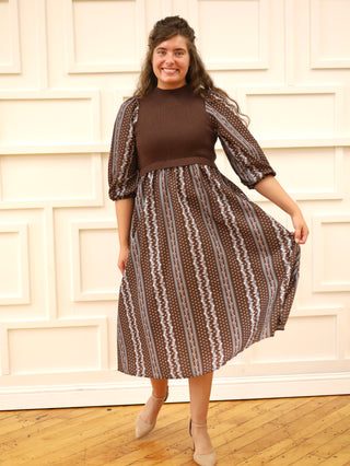 The Charming Brown Floral Striped Sweater Dress