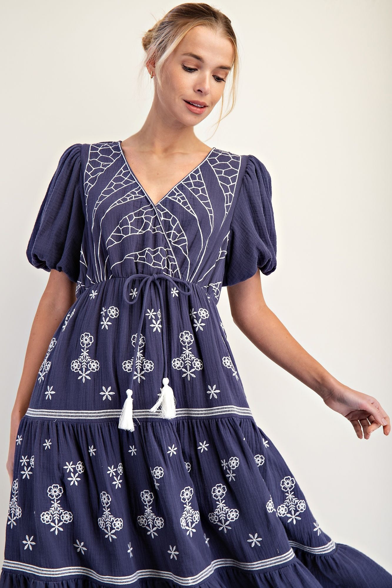 Navy and White Embroidered Midi Dress Wild & Free Boutiques Navy and White Embroidered Midi Dress Wild & Free Boutiques