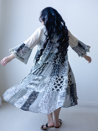 Boho Black and Cream Lace Patchwork Midi Dress