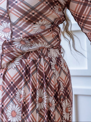 Flowering Daisey's Pink and Brown Plaid Maxi Skirt