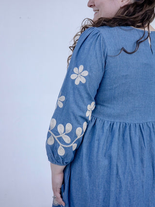 Denim Embroidered Flower Midi Dress