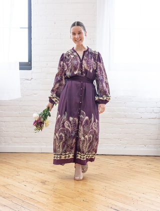 Paisley Plum Midi Dress with Belt