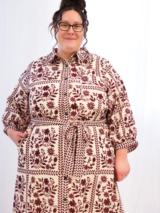 Burgundy and Cream Floral Midi Dress