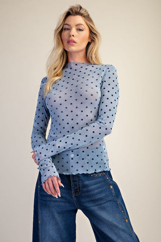 Denim Blue Velvet Polka Dot Layering Top