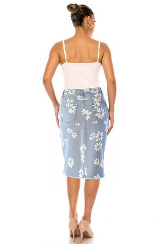 Daisy Print Denim Midi Skirt