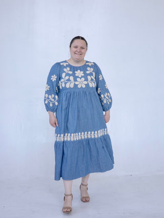 Denim Embroidered Flower Midi Dress