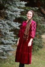 Load image into Gallery viewer, Burgundy Velvet Midi Dress with Organza Plaid Sleeves
